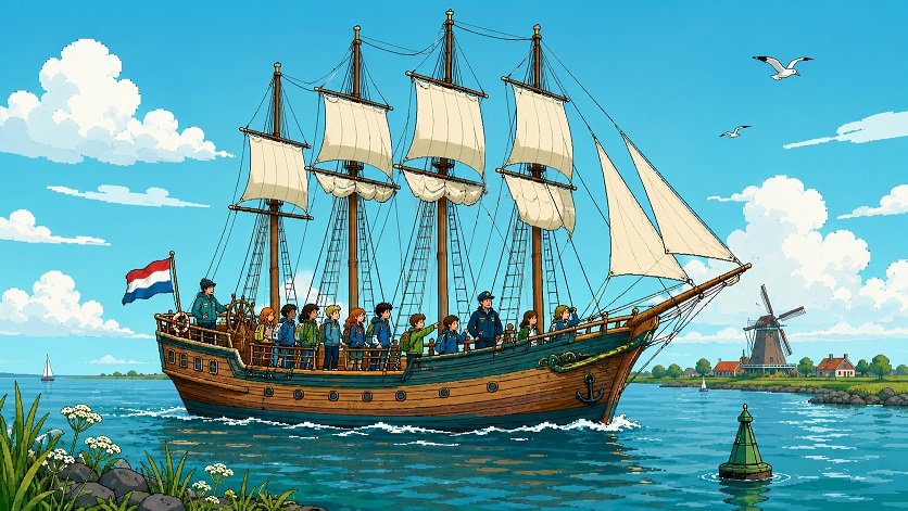 Klasse fährt am Segelschiff in den Niederlanden
